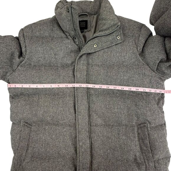 Saks Fifth Avenue Down Puffer Jacket Men XL Black Gray Tweed Zip Snap - Picture 9 of 14